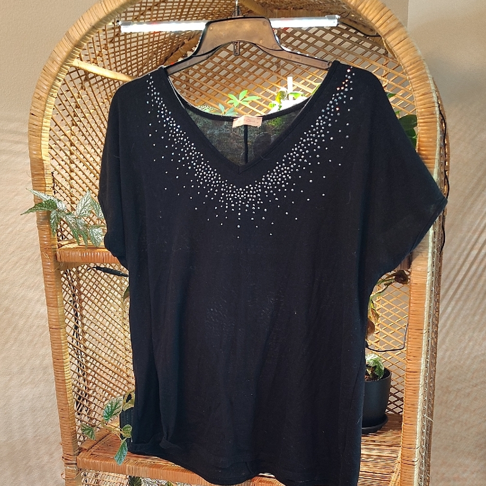 Elegant Black V-Neck Top with Rhinestone Detailing